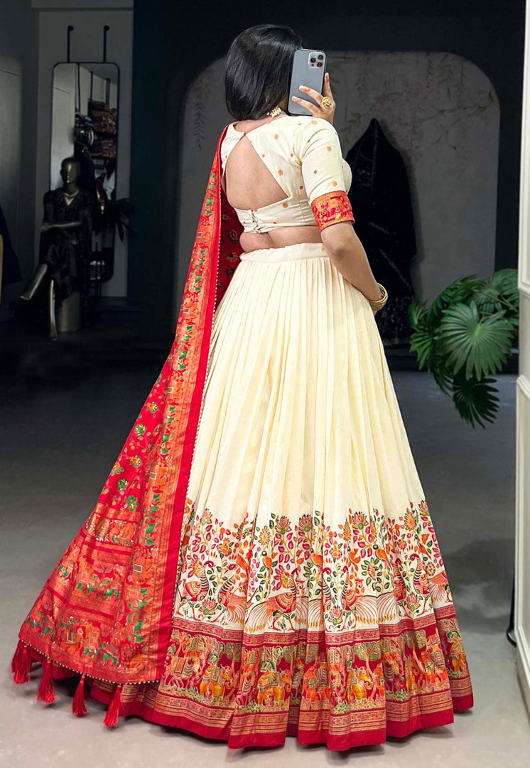 Cream Tussar Silk Circular Lehenga Choli