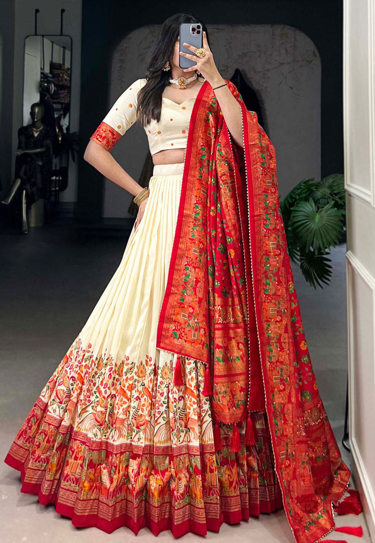 Cream Tussar Silk Circular Lehenga Choli