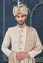 Load image into Gallery viewer, Cream Viscose Georgette Achkan Style Sherwani
