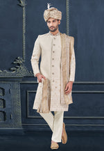 Load image into Gallery viewer, Cream Viscose Georgette Achkan Style Sherwani
