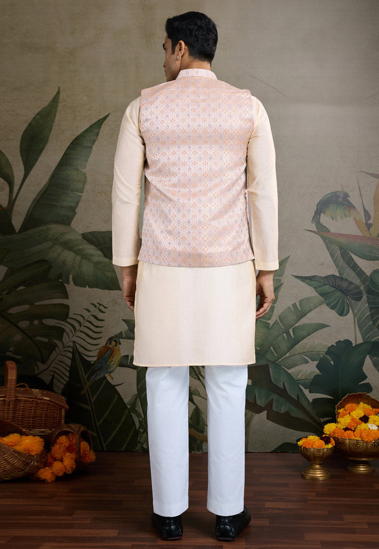 Cream Viscose Kurta Pajama With Jacket