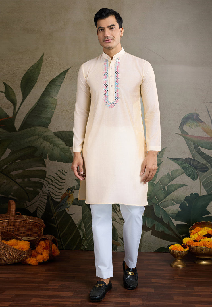 Cream Viscose Kurta Pajama With Jacket