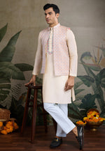 Load image into Gallery viewer, Cream Viscose Kurta Pajama With Jacket
