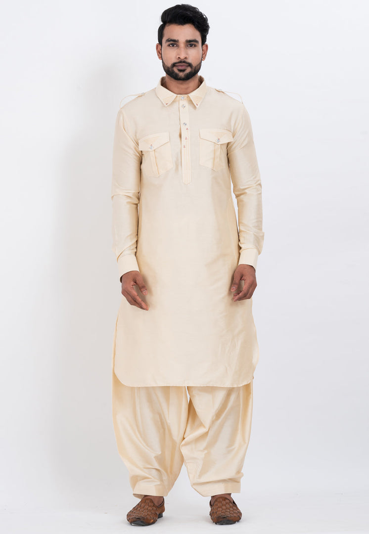 Cream Viscose Pathani Suit