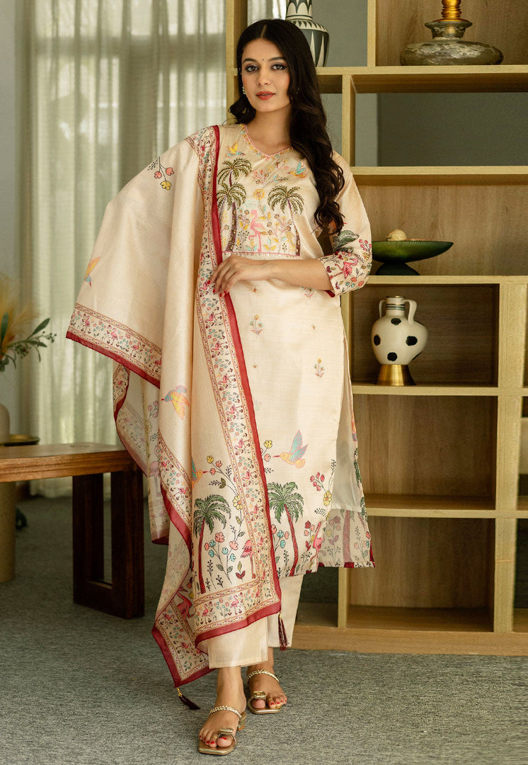 Cream Viscose Readymade Pakistani Suit