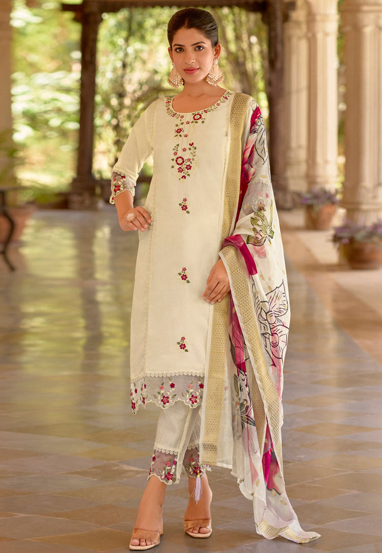 Cream Viscose Readymade Pant Style Suit