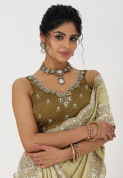 Cream Viscose Saree With Blouse