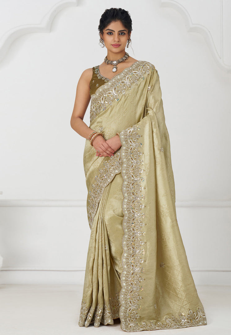 Cream Viscose Saree With Blouse