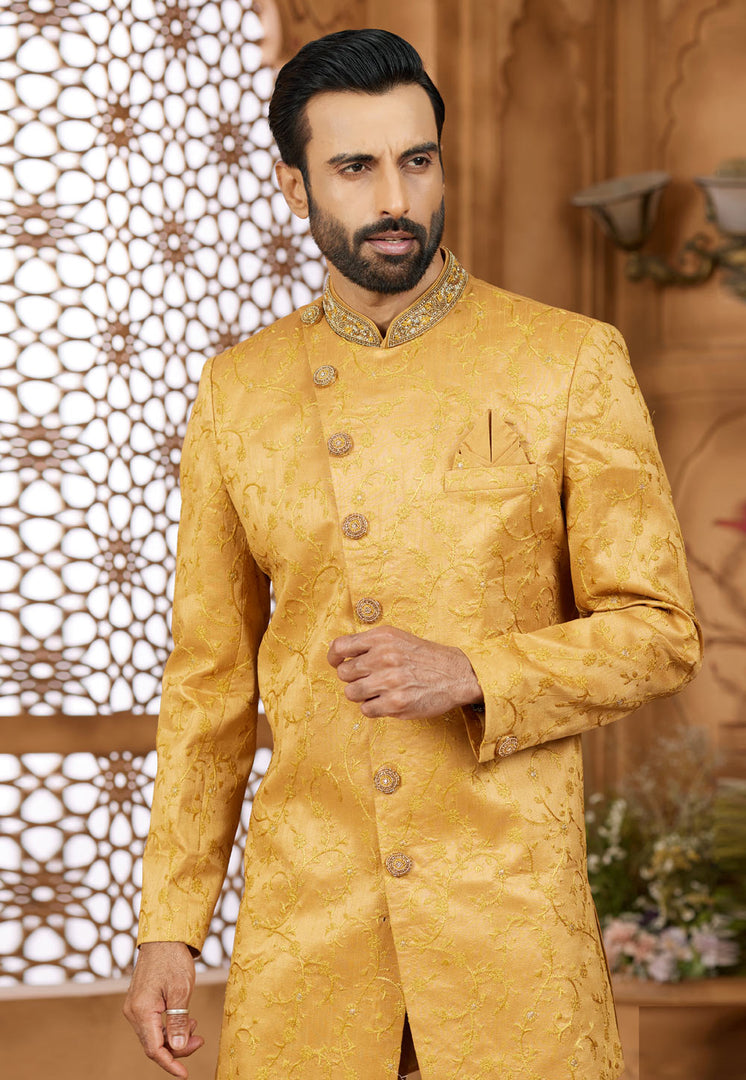 Golden Banarasi Silk Indo Western Sherwani
