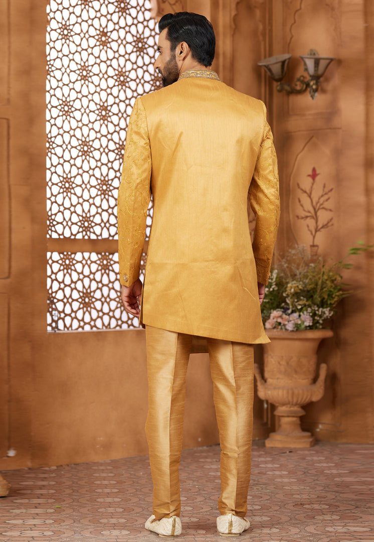 Golden Banarasi Silk Indo Western Sherwani