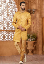 Load image into Gallery viewer, Golden Banarasi Silk Indo Western Sherwani
