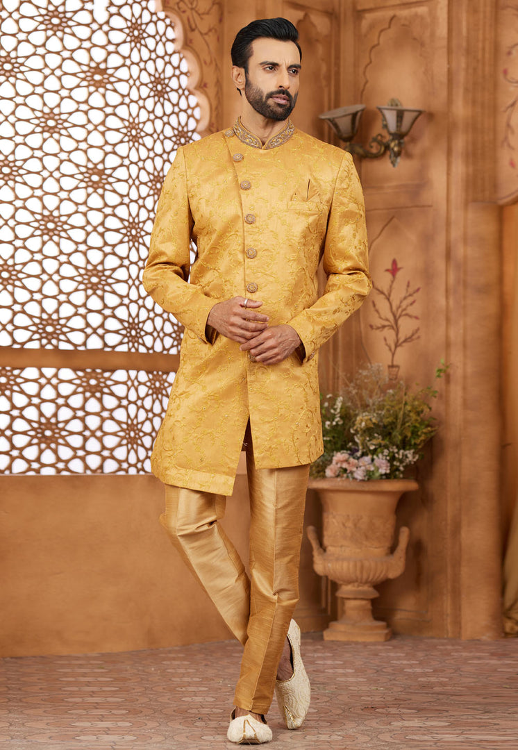 Golden Banarasi Silk Indo Western Sherwani