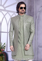 Load image into Gallery viewer, Green Art Silk Jacket Style Sherwani
