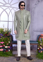 Load image into Gallery viewer, Green Art Silk Jacket Style Sherwani
