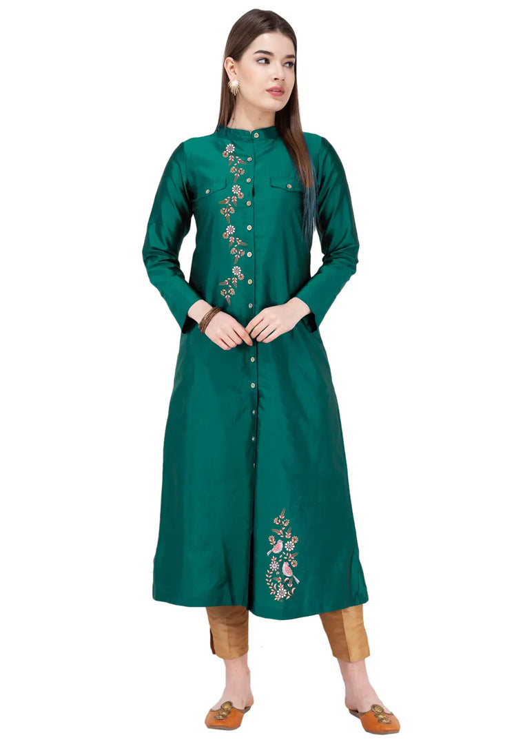 Green Art Silk Kurta Set With Pent