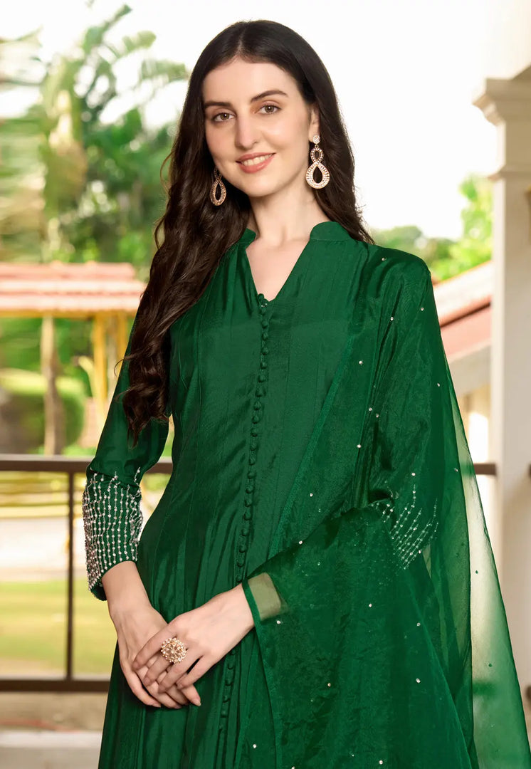 Green Art Silk Readymade Anarkali Suit