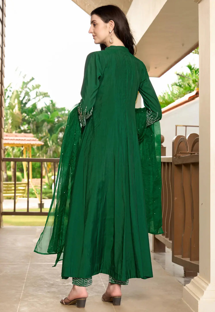 Green Art Silk Readymade Anarkali Suit
