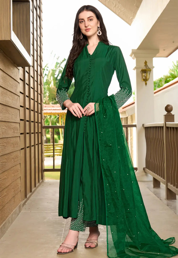 Green Art Silk Readymade Anarkali Suit