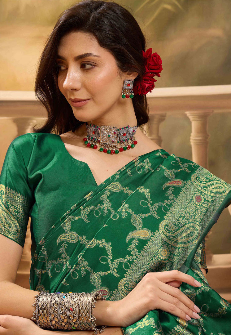 Green Banarasi Jacquard Saree With Blouse