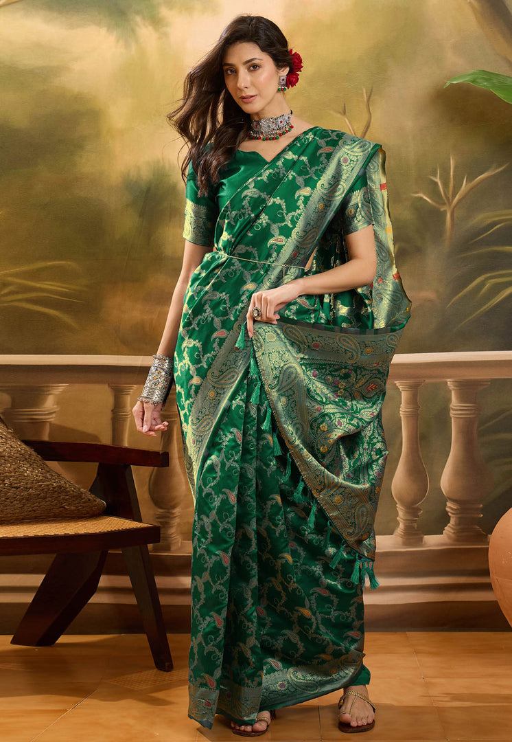 Green Banarasi Jacquard Saree With Blouse