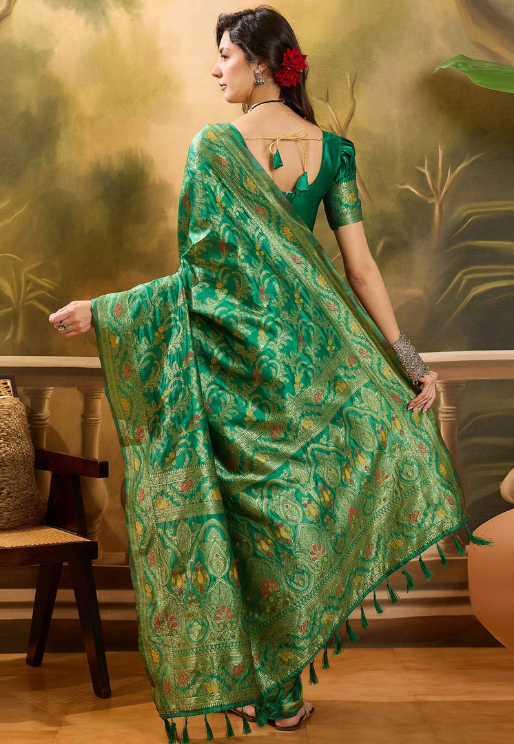 Green Banarasi Jacquard Saree With Blouse