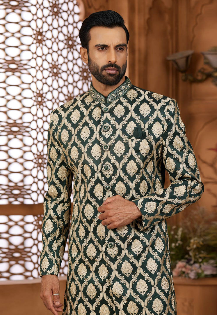 Green Banarasi Silk Indo Western Sherwani