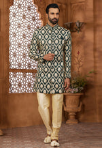 Load image into Gallery viewer, Green Banarasi Silk Indo Western Sherwani
