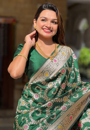 Green Banarasi Silk Saree With Blouse