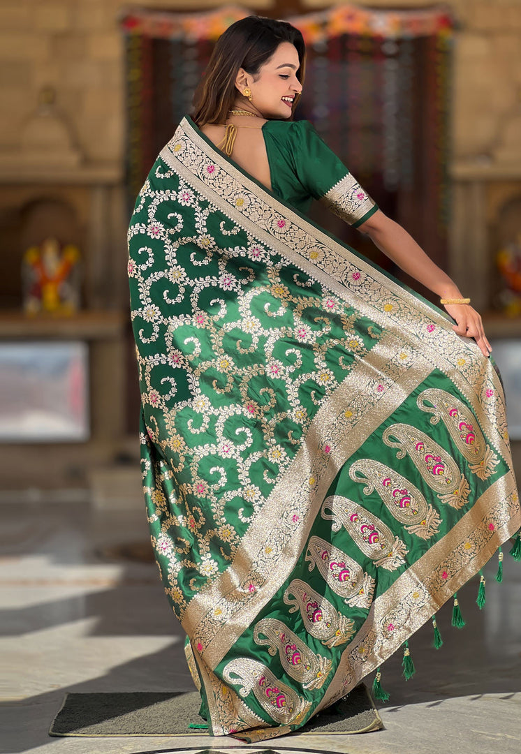 Green Banarasi Silk Saree With Blouse