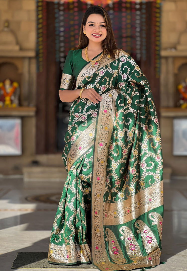 Green Banarasi Silk Saree With Blouse