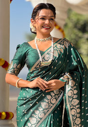 Green Banarasi Silk Saree With Blouse