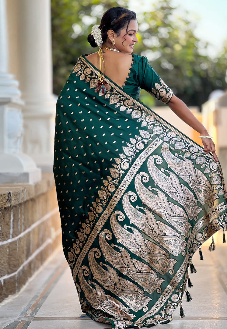 Green Banarasi Silk Saree With Blouse
