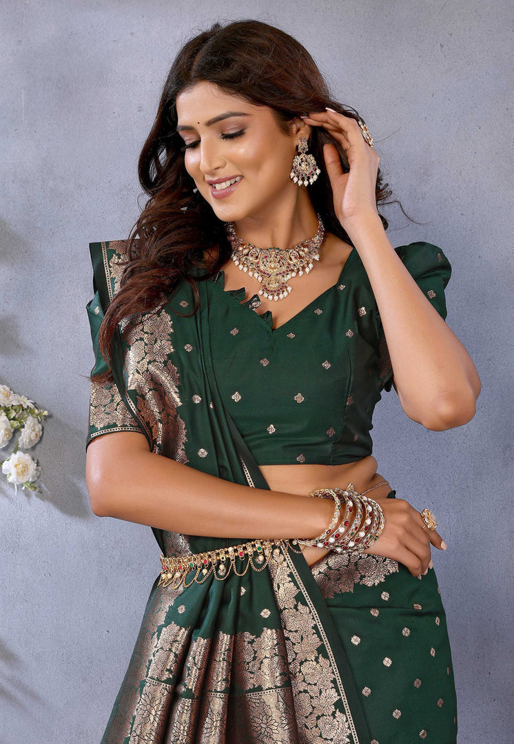 Green Banarasi Silk Saree With Blouse