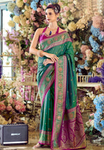 Load image into Gallery viewer, Green Banarasi Silk Saree With Blouse
