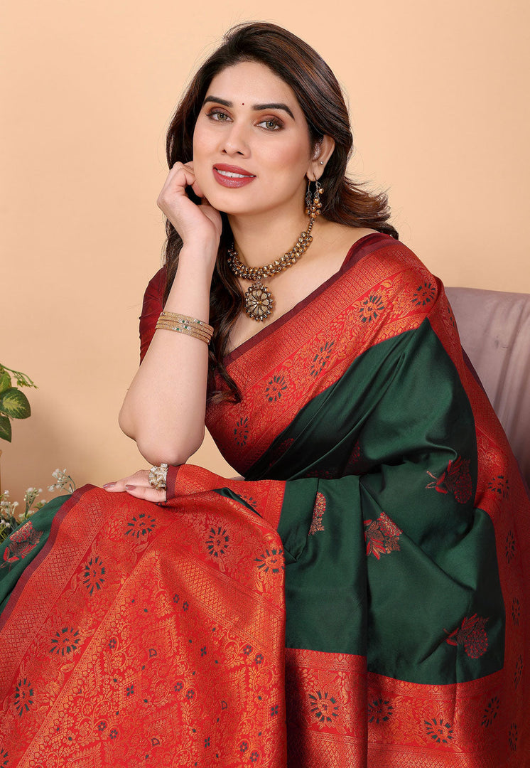 Green Banarasi Silk Saree With Blouse