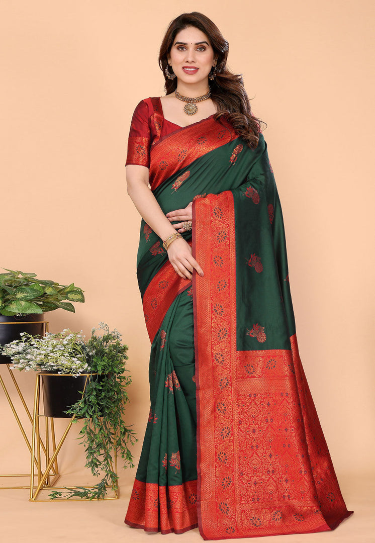 Green Banarasi Silk Saree With Blouse