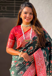 Green Banarasi Silk Saree With Blouse