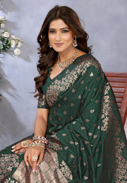 Green Banarasi Silk Saree With Blouse