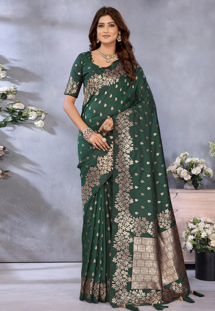 Green Banarasi Silk Saree With Blouse