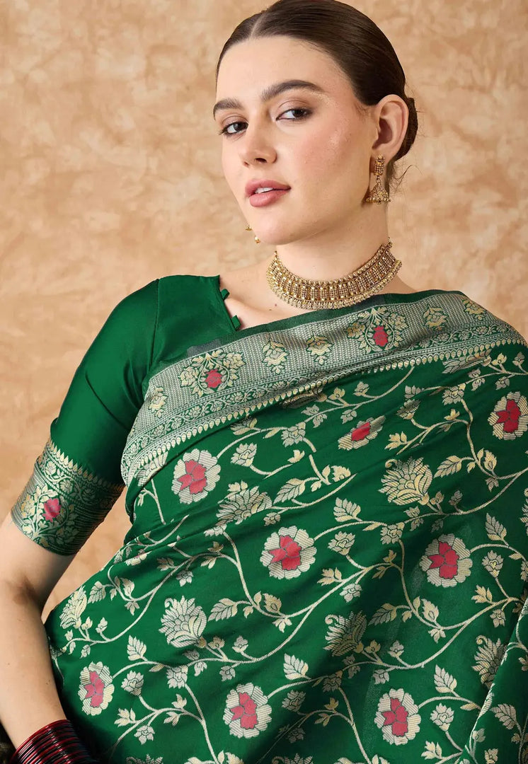 Green Banarasi Silk Saree With Blouse