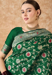 Green Banarasi Silk Saree With Blouse
