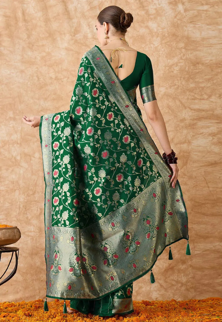 Green Banarasi Silk Saree With Blouse