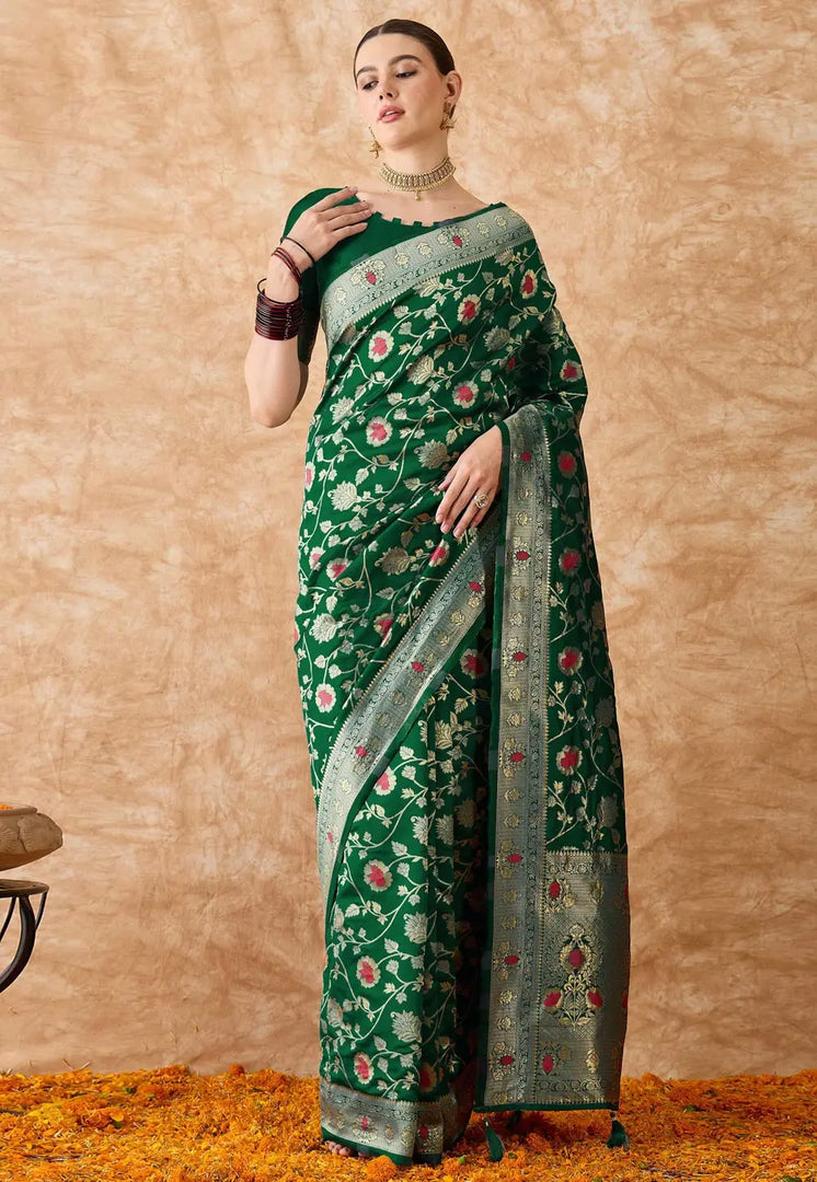 Green Banarasi Silk Saree With Blouse