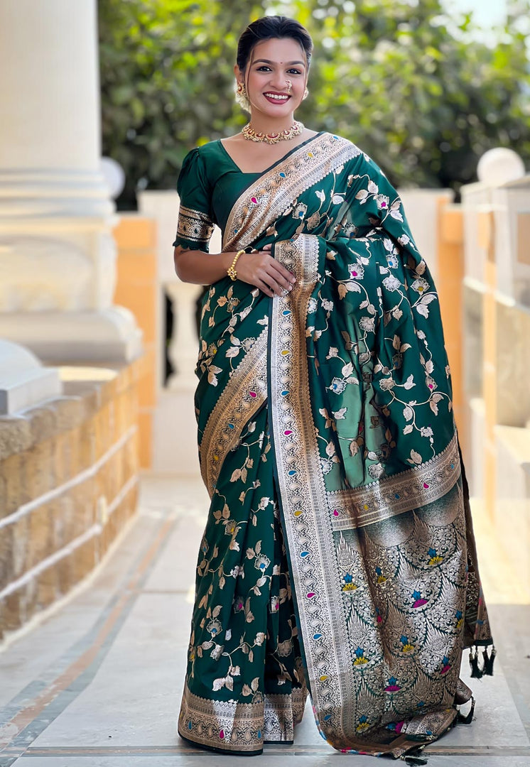 Green Banarasi Silk Saree With Blouse