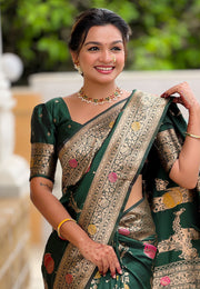 Green Banarasi Silk Saree With Blouse