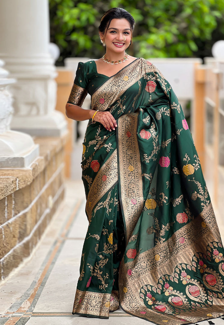 Green Banarasi Silk Saree With Blouse