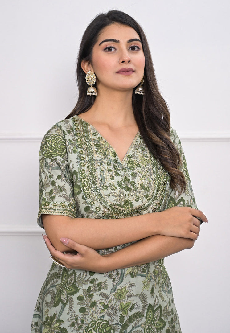 Green Chanderi Kurta Set With Pant