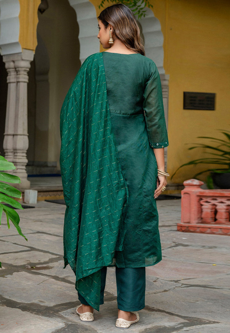Green Chanderi Readymade Anarkali Suit