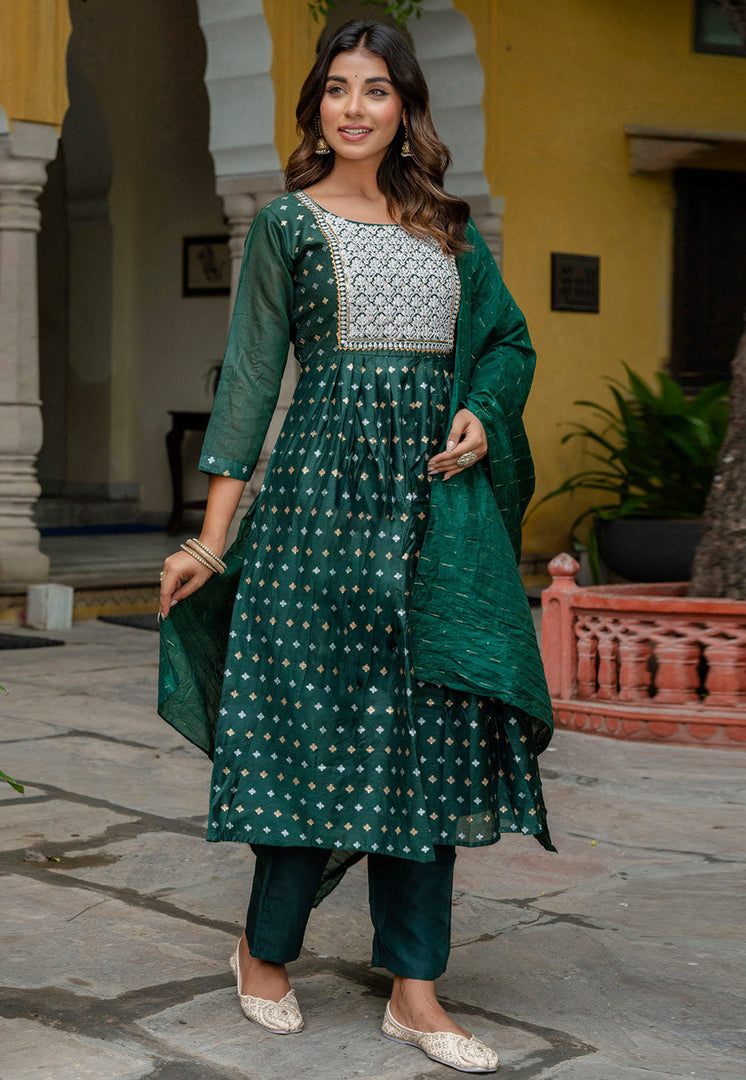 Green Chanderi Readymade Anarkali Suit