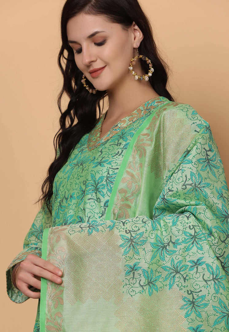 Green Chanderi Readymade Anarkali Suit